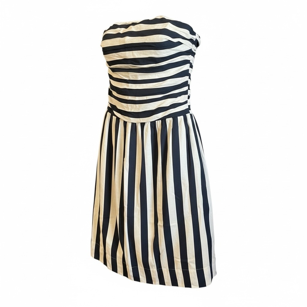 Every Navy Striped Linen Blend Strapless Midi Dress